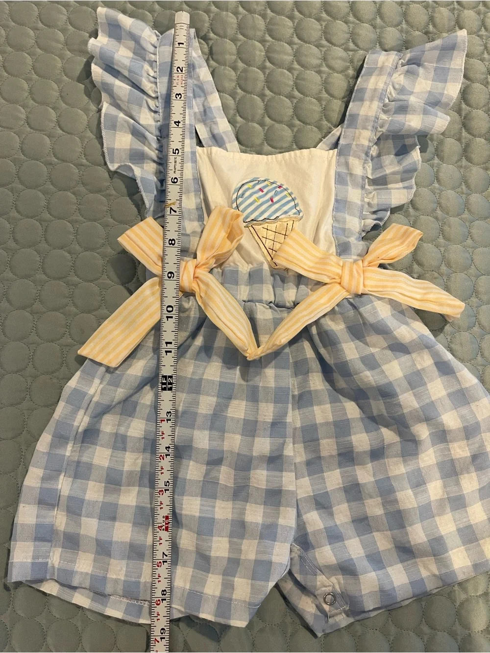 Marie Nicole Gingham Girls' Romper Blue Yellow Cotton Ice Cream Appliqué 2XS